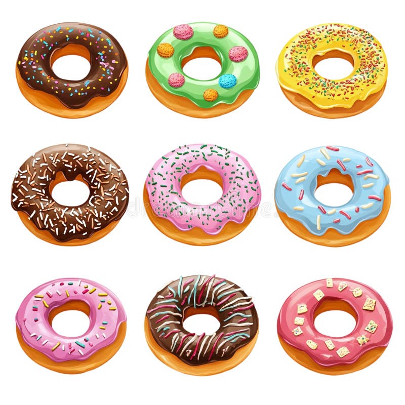 Nine delicious donuts with colorful icing and sprinkles a sweet treat collection stock photos