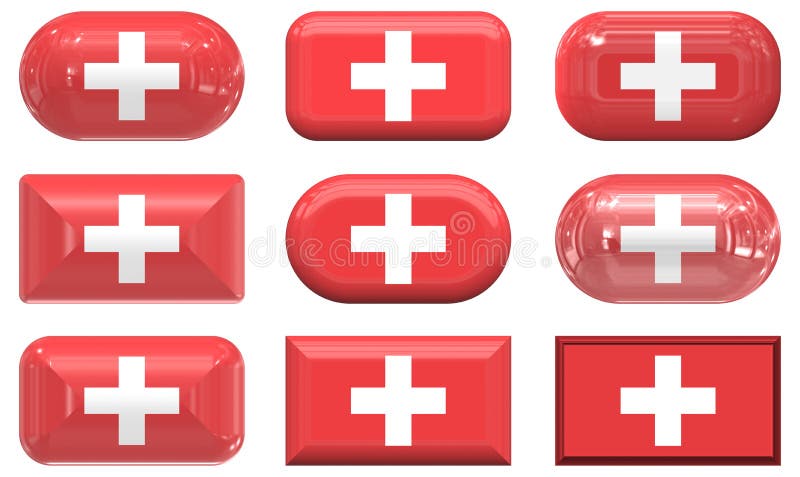Nine glass buttons of the Flag of Switzerland