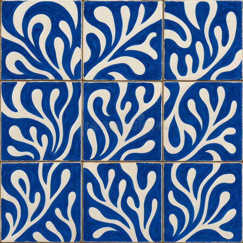 Nine square tiles with a bold, flowing botanical pattern in deep blue on a white background stock illustration