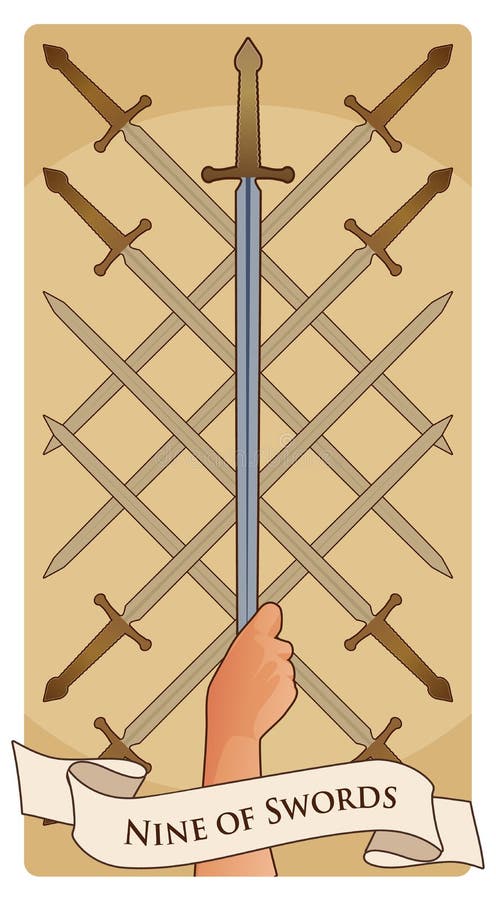 Nine of swords. Tarot cards. Eight crossed swords and a hand grasping a sword tip