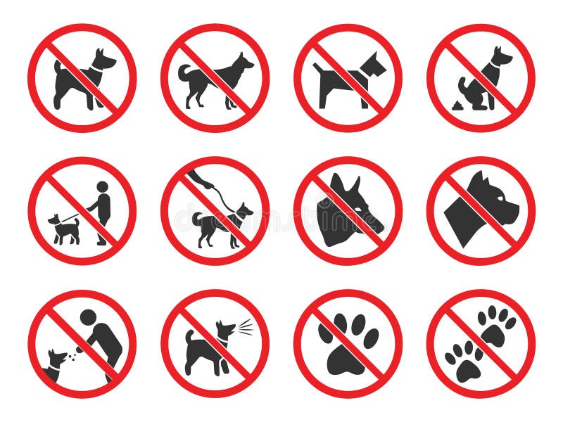 Ningunos perros firman, sistema de los iconos de la prohibición del perro ilustración del vector Ningunos perros firman, sistema de los iconos de la prohibición del perro ilustración del vector