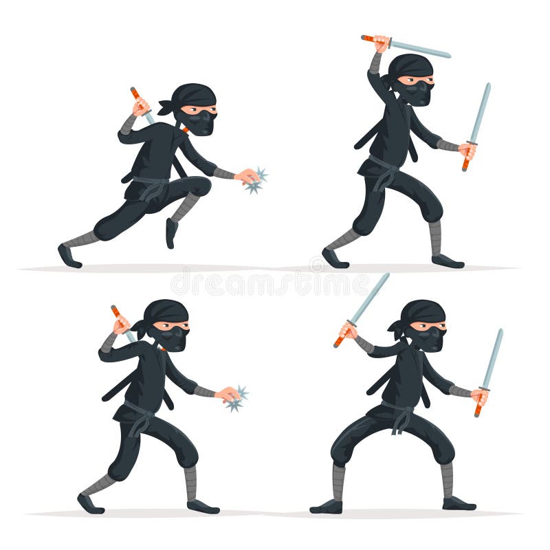 Ninja Assassino Personagem Em Um Traje Preto Completo Em Pé Em Uma Pose De  Combate Com Espadas Katana Atrás Das Costas, Arte Marcial Japonesa  Ilustração Vetorial Sobre Um Fundo Branco Ilustraciones svg