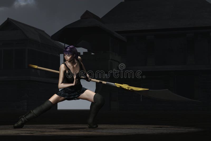 Ninja femelle d'imagination dans la cour de shaolin illustration stock Ninja femelle d'imagination dans la cour de shaolin illustration stock