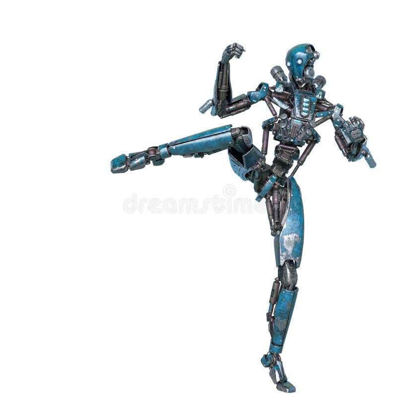 Ninja Roboter brutaler Kick in weißem Hintergrund stock abbildung