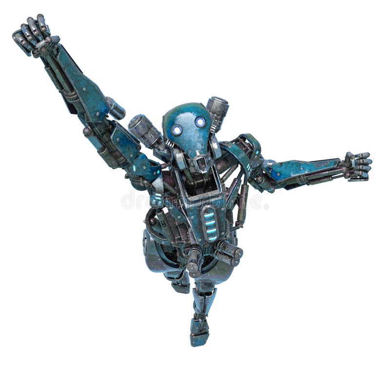 Ninja-Roboter, der heraus in einen wei? en Hintergrund fliegt stock abbildung
