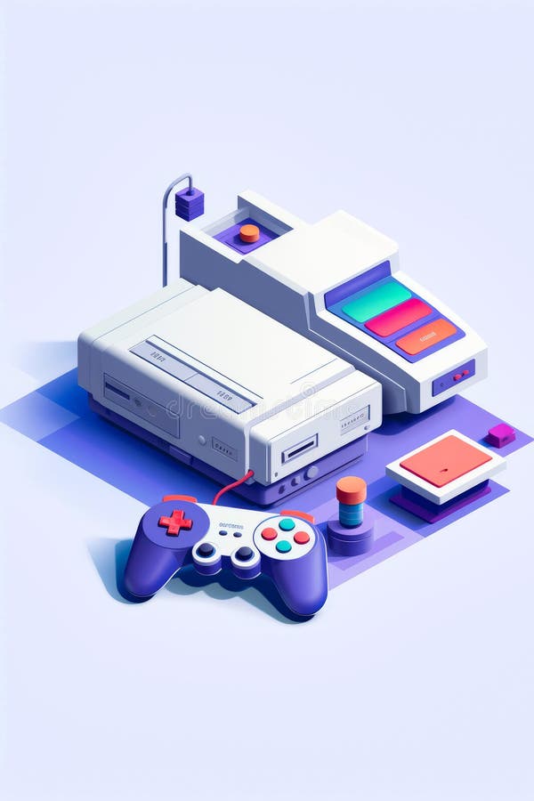 Nintendo wii game console and controllers on purple background. Generative AI vector illustration