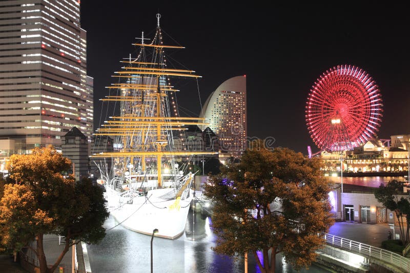 Nippon maru and Yokohama Cosmo World in Japan stock image Nippon maru and Yokohama Cosmo World in Japan stock image