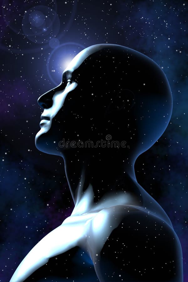 Trojrozmerný ilustrácie človeka meditácia a rovina,slušivý jeden vesmír.