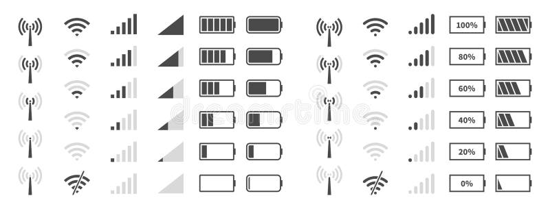 Nivel semnal wifi. rețea mobilă cu indicator negru de încărcare a bateriei și sistem de încărcare wireless indicator de stare a an royalty free illustration