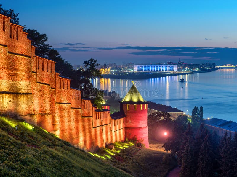NIZHNY NOVGOROD, RUSSIA - JUNE 4, 2020: Night view of Kremlin wall in Nizhny Novgorod after sunset.