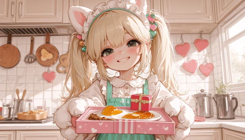 Niña animada con huevos fritos en una cocina rosa libre illustration