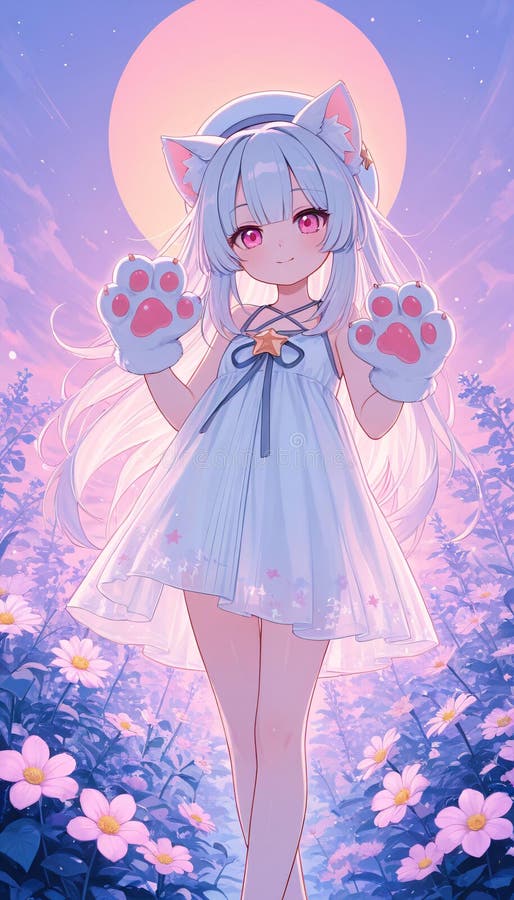 Niña animada con orejas gatas en el campo de la flor de Crepúsculo stock de ilustración
