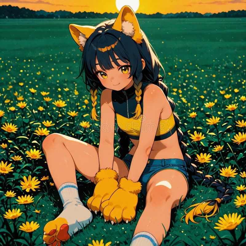 Niña animada de gato en prado dorado al atardecer libre illustration