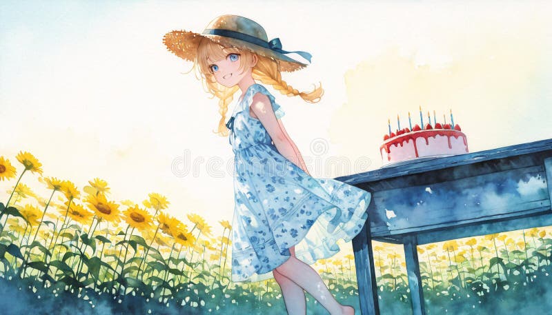 Niña animada en campo de girasol con pastel de cumpleaños stock de ilustración