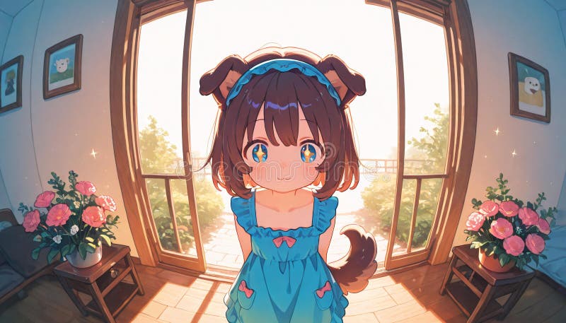 Niña anime brillante en interiores con claveles ilustración del vector