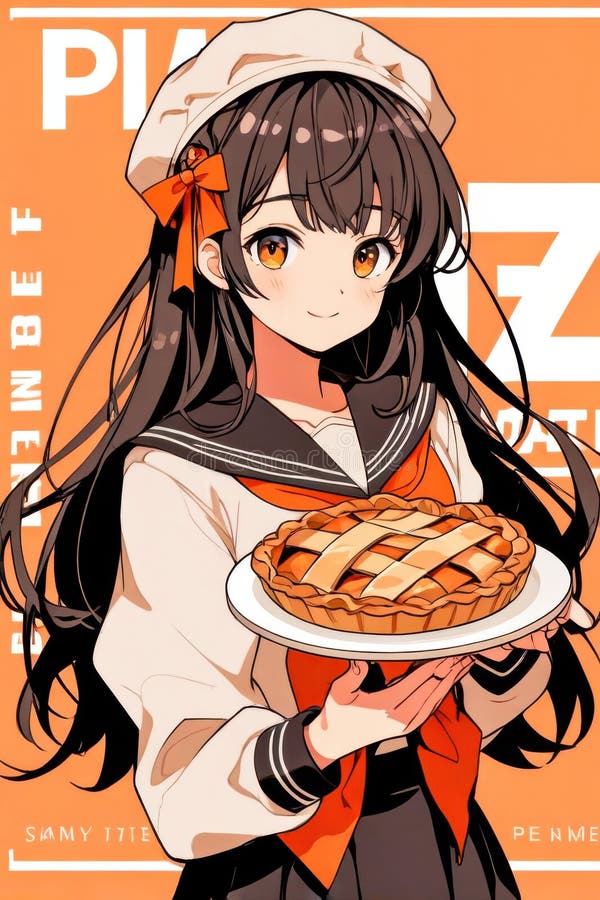 Niña anime con ilustraciones de tarta lindo personaje de anime con pastel de postre cocinando arte digital estilo tema naranja libre illustration