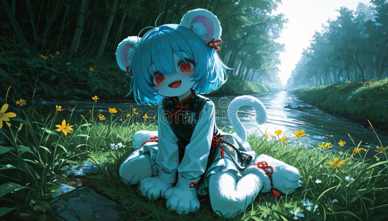 Niña anime con orejas del ratón y cola en una corriente boscosa libre illustration