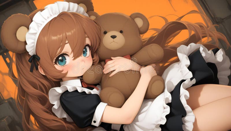 Niña anime con oso abrazando oso grande de peluche libre illustration