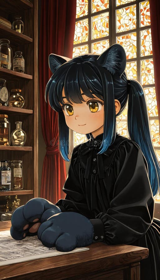 Niña anime con pelo azul y orejas de gato en estudio libre illustration