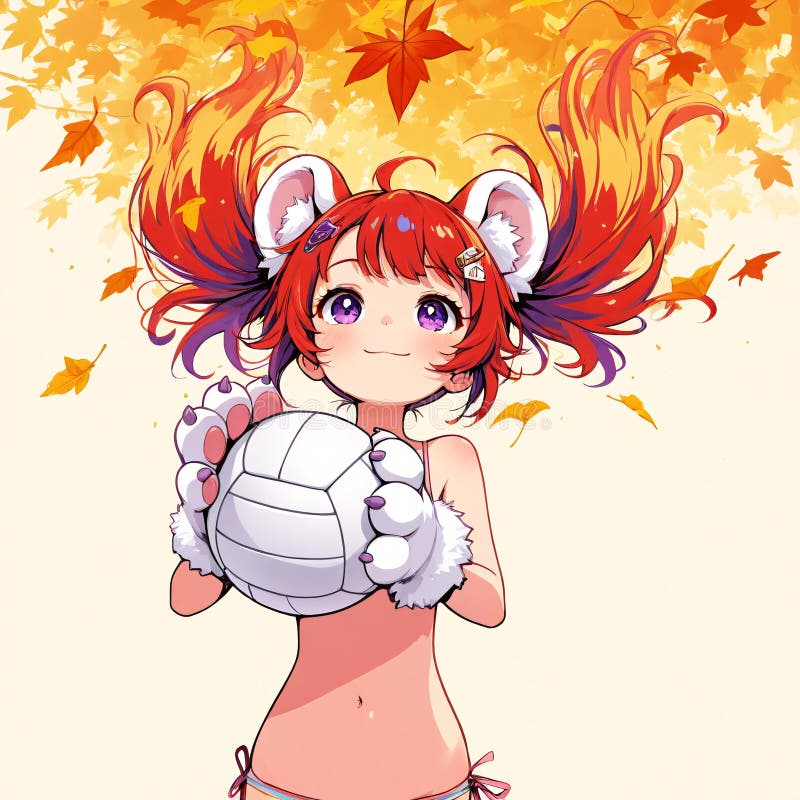 Niña anime de otoño sosteniendo voleibol con patas de oso ilustración del vector