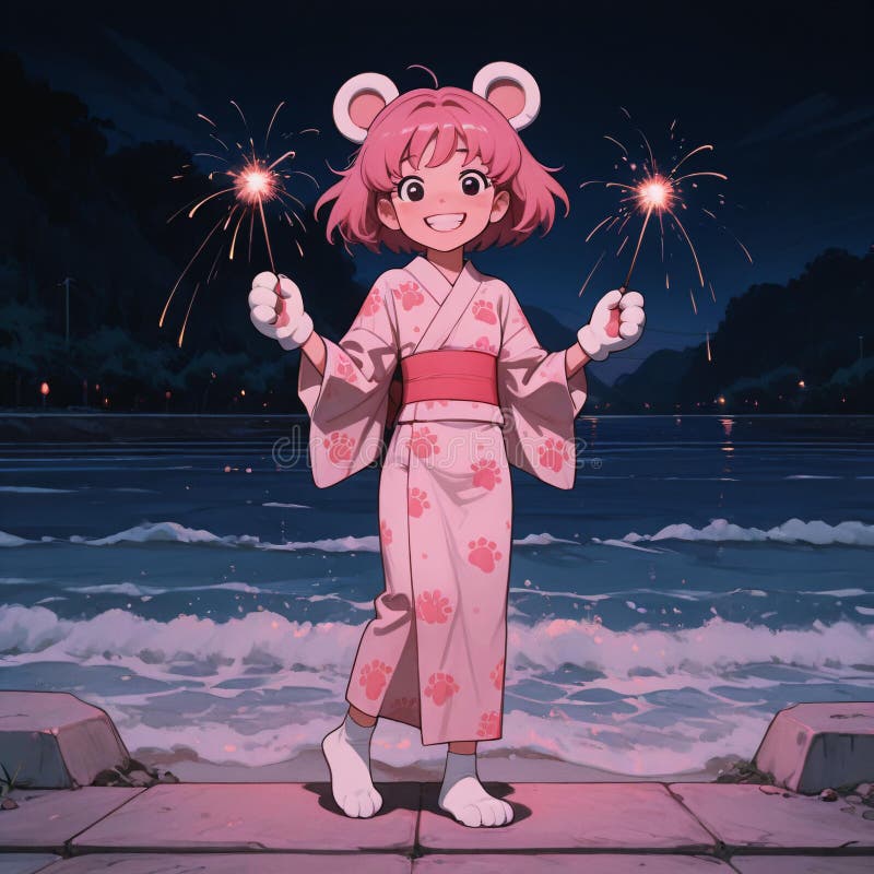 Niña anime rosada con esparklers cerca del mar por la noche libre illustration
