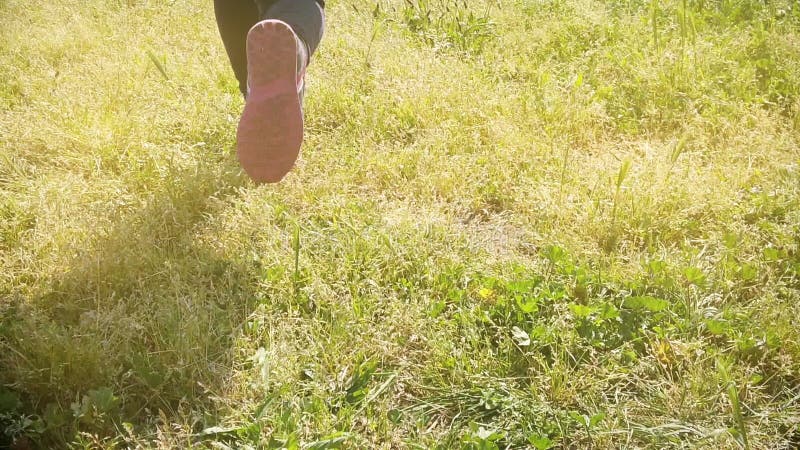 Niña corriendo en la pradera en la vista de atrás en movimiento lento de primavera almacen de metraje de vídeo