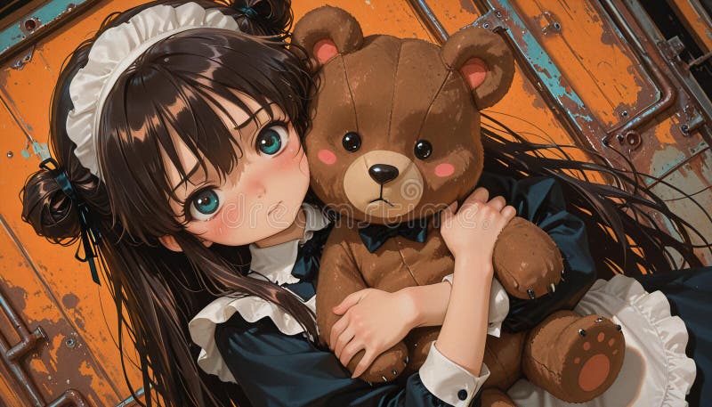 Niña de anime linda con oso de peluche con traje de criada stock de ilustración