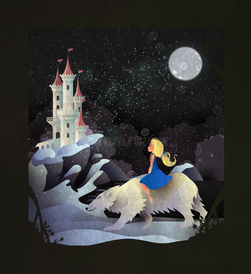 Niña de cuento de hadas montada en oso polar frente al castillo de invierno stock de ilustración
