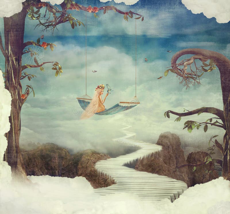 Niña en un oscilación en país fantástico stock de ilustración Niña en un oscilación en país fantástico stock de ilustración