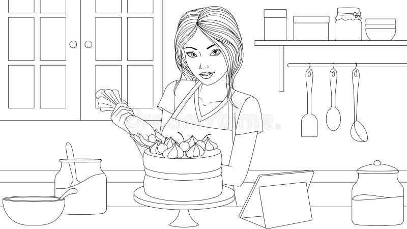 Niña ilustradora vectorial preparando una torta stock de ilustración