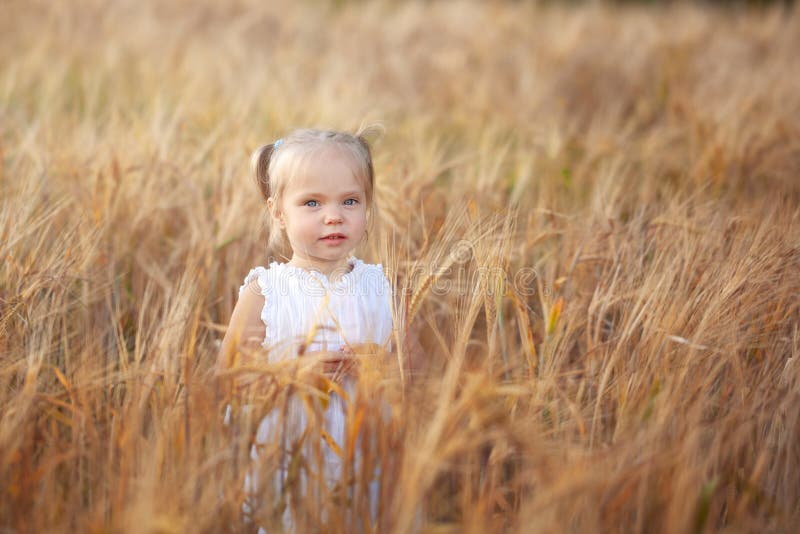 Niña linda en el vestido blanco en el campo del centeno en día de verano fotos de archivo libres de regalías Niña linda en el vestido blanco en el campo del centeno en día de verano fotos de archivo libres de regalías