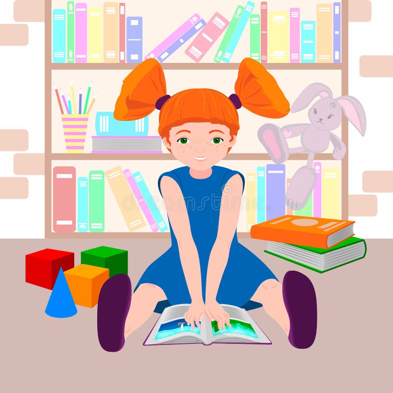 Niña pequeña de cabello rojo con un libro ilustración del vector