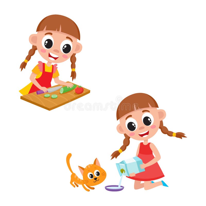Niña que cocina la ensalada y que da la leche al gato libre illustration