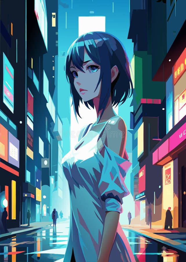 Niña urbana misteriosa de pie en las calles neoniluminadas por la noche ilustración del vector