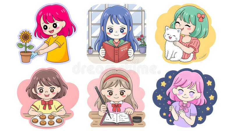 Niñas adorables al estilo anime participando en diversas actividades como lectura y escritura libre illustration