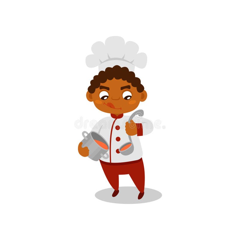 Niño afroamericano que sostiene la cuchara del cazo y de la cucharón con la sopa Niño pequeño en uniforme del cocinero Ejemplo pl stock de ilustración Niño afroamericano que sostiene la cuchara del cazo y de la cucharón con la sopa Niño pequeño en uniforme del cocinero Ejemplo pl stock de ilustración