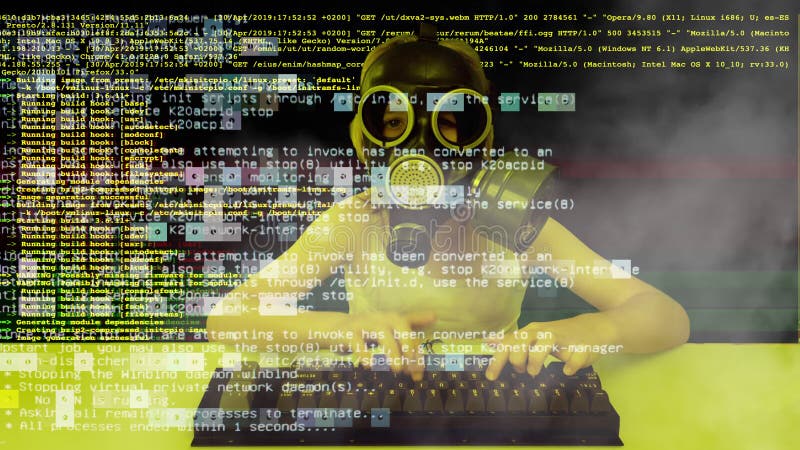 Niño con máscara de gas usando teclado de computadora metrajes