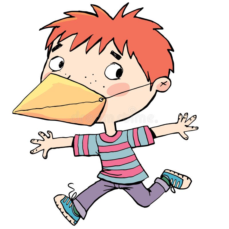 Niño con una máscara en la cara. Chico con una máscara en su cara que es un pico de pájaros