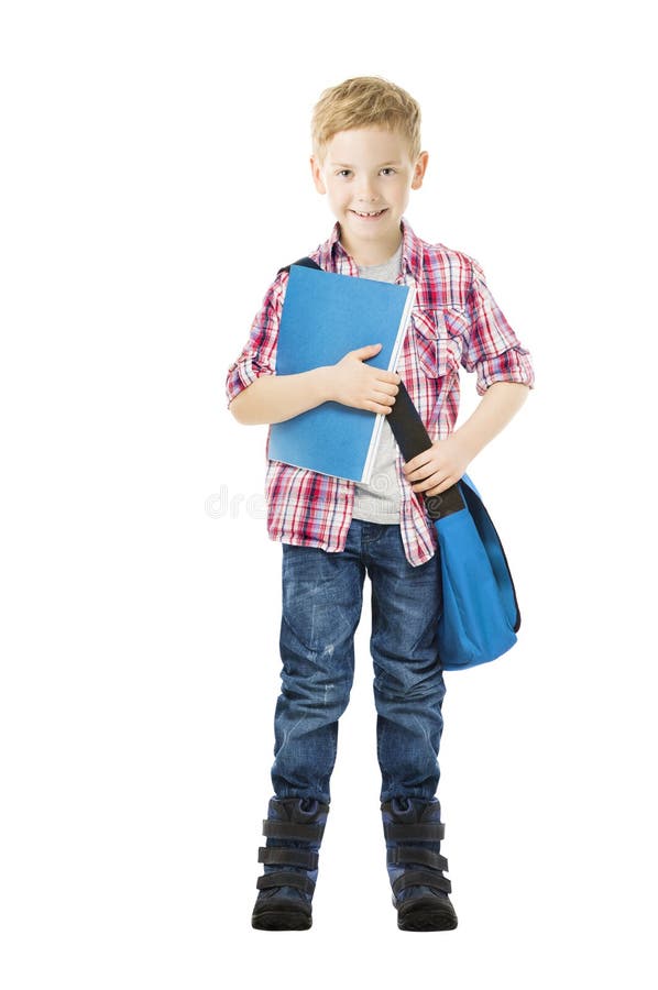 Niño del colegial que sostiene el libro Blanco aislado escolar del estudiante foto de archivo libre de regalías