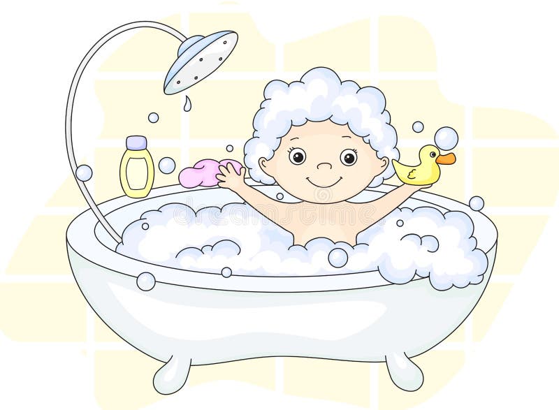 Ð¡ute toddler bathing in the bath with foam and yellow duck. Cleansers and baby shampoo stand in the bath. Vector illustration. Ð¡ute toddler bathing in the bath with foam and yellow duck. Cleansers and baby shampoo stand in the bath. Vector illustration