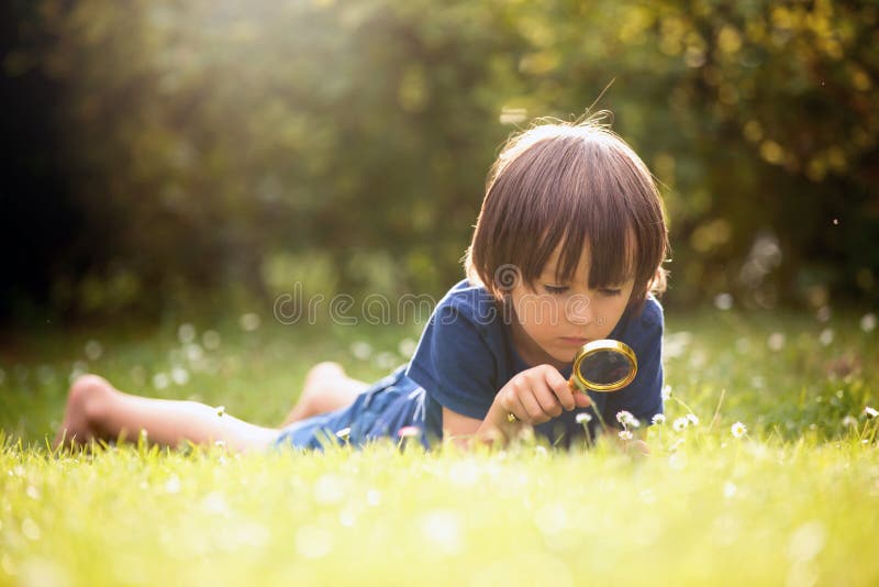 Beautiful happy child, boy, exploring nature with magnifying glass, summertime. Beautiful happy child, boy, exploring nature with magnifying glass, summertime