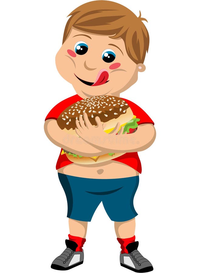 Niño gordo lindo feliz que abraza la hamburguesa grande libre illustration