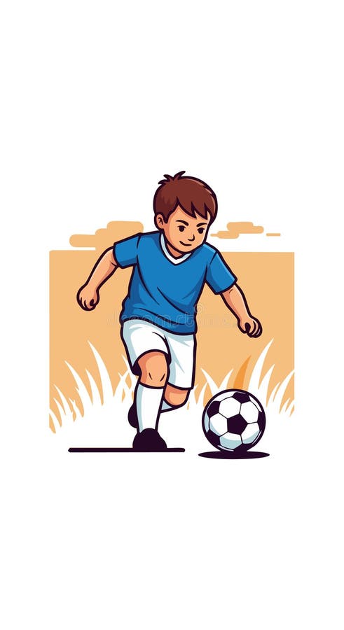 Niño jugando fútbol pateando pelota en el vector de ilustración de acción. Ilustración muestra a un muchacho con camisa azul pateando una pelota de fútbol con fondo de hierba y naranja animado y dinámico. IA generativa