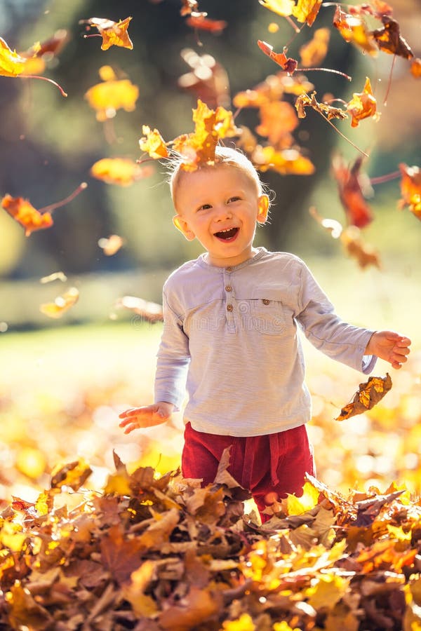 Niño pequeño en el parque del otoño que juega con las hojas foto de archivo Niño pequeño en el parque del otoño que juega con las hojas foto de archivo