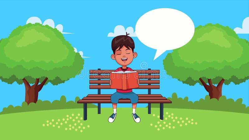 Niño pequeño estudiante leyendo libro sentado en una silla de parque personaje animado ilustración del vector