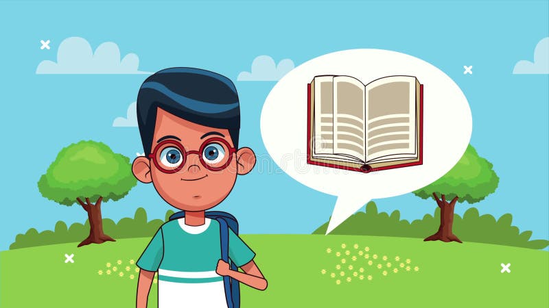Niño pequeño estudiante pensando en libros de carácter animado ilustración del vector