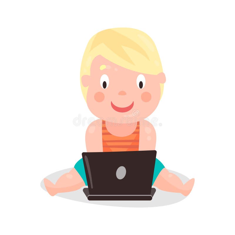 Niño pequeño lindo de la historieta que se sienta en el piso y que juega usando el ejemplo colorido del carácter del ordenador po ilustración del vector Niño pequeño lindo de la historieta que se sienta en el piso y que juega usando el ejemplo colorido del carácter del ordenador po ilustración del vector