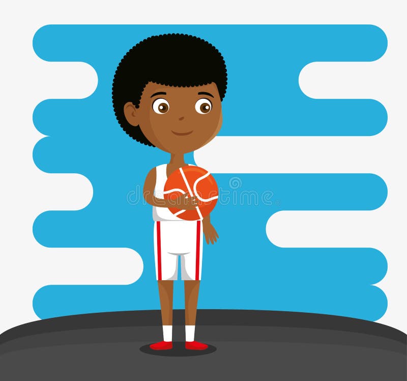Niño pequeño que juega el carácter feliz del baloncesto stock de ilustración Niño pequeño que juega el carácter feliz del baloncesto stock de ilustración