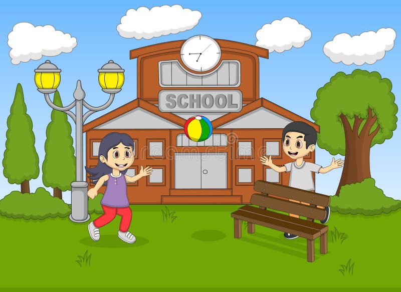 Niño que juega la bola en el ejemplo del vector de la historieta de la escuela stock de ilustración Niño que juega la bola en el ejemplo del vector de la historieta de la escuela stock de ilustración