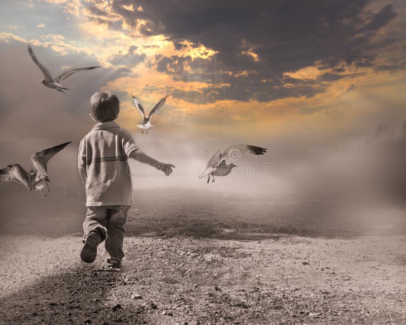 Niño que se ejecuta a través de la niebla a la luz del nuevo día. fotografía de archivo libre de regalías Niño que se ejecuta a través de la niebla a la luz del nuevo día. fotografía de archivo libre de regalías